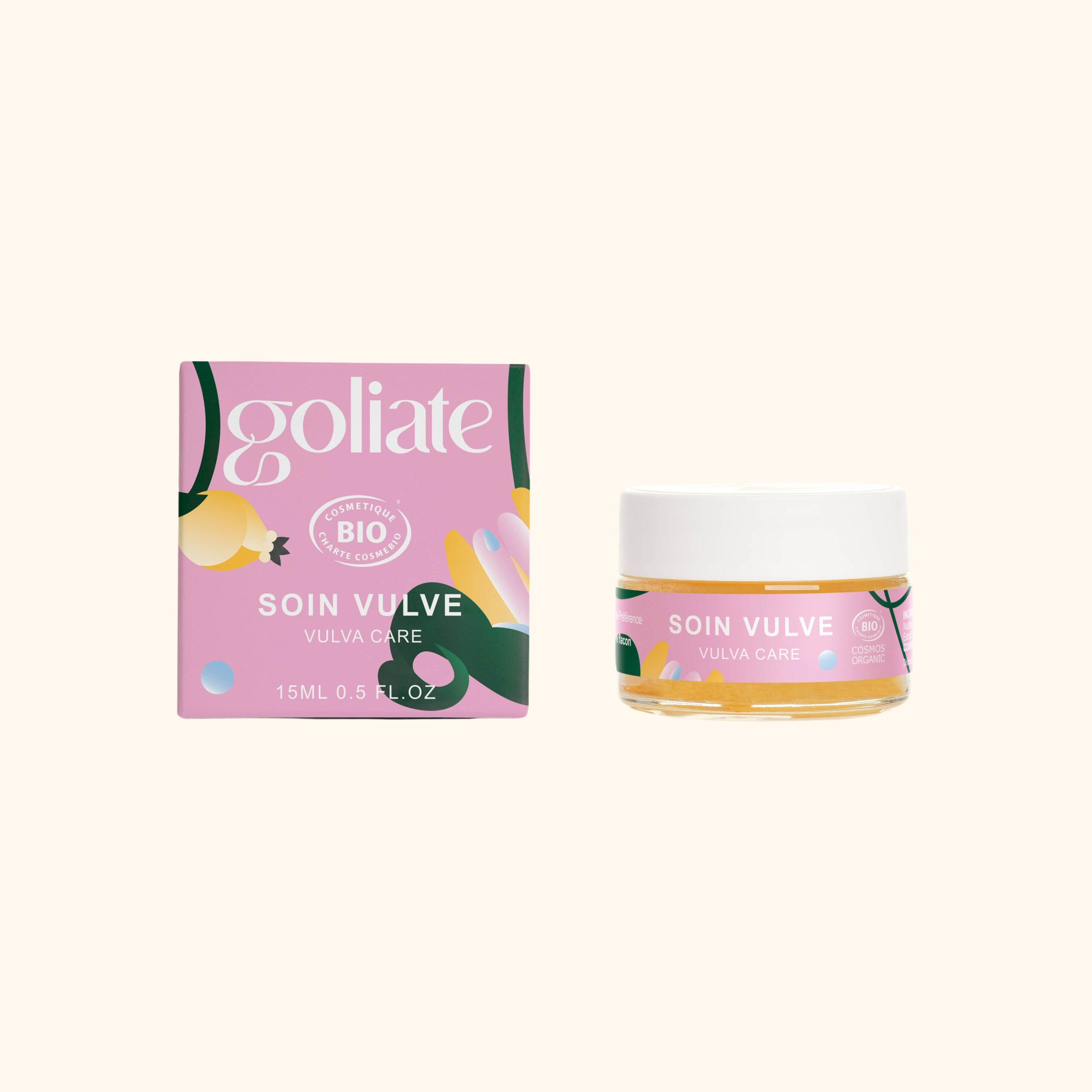 Baume vulve goliate dans son pot en verre, posé à côté de la boîte en carton du produit sur fond blanc.