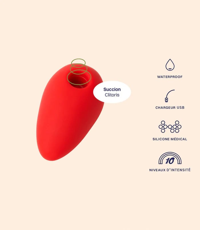 Sextoy mini coco rouge de la marque Puissante présenté avec ses différents modes de vibrations.