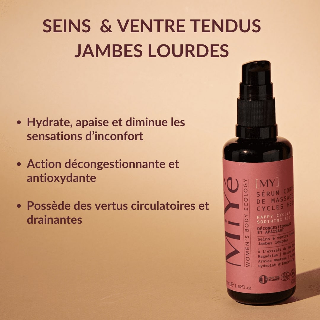 Sérum corps cycles heureux de la marque Miyé posé sur fond clair avec le détail du produit.