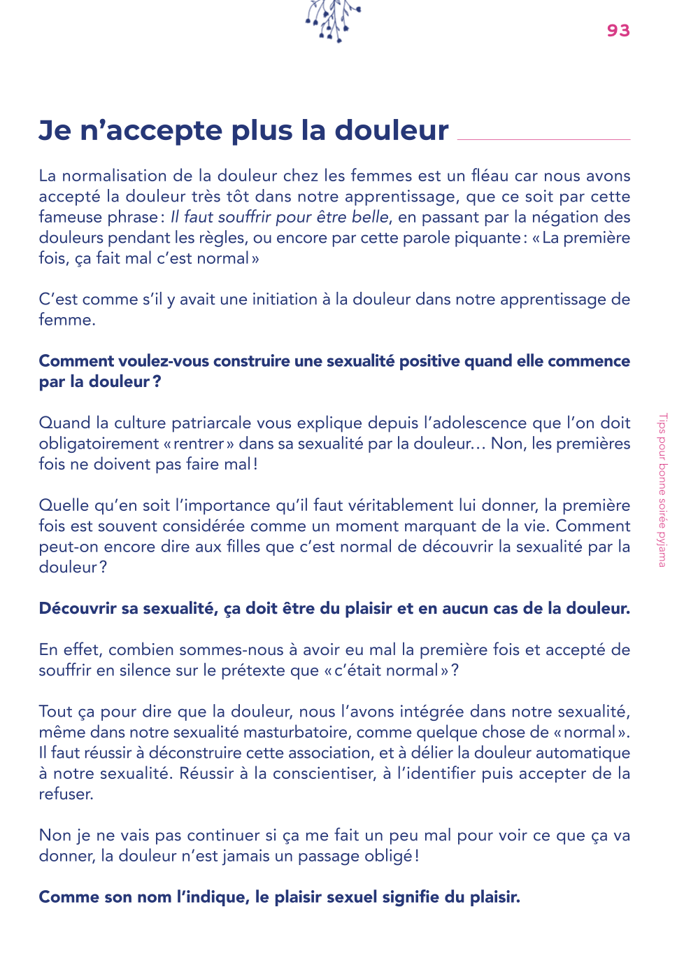 Un extrait d'une page du livre le petit guide de la masturbation féminine de Julia Pietri "Je n'accepte plus la douleur".